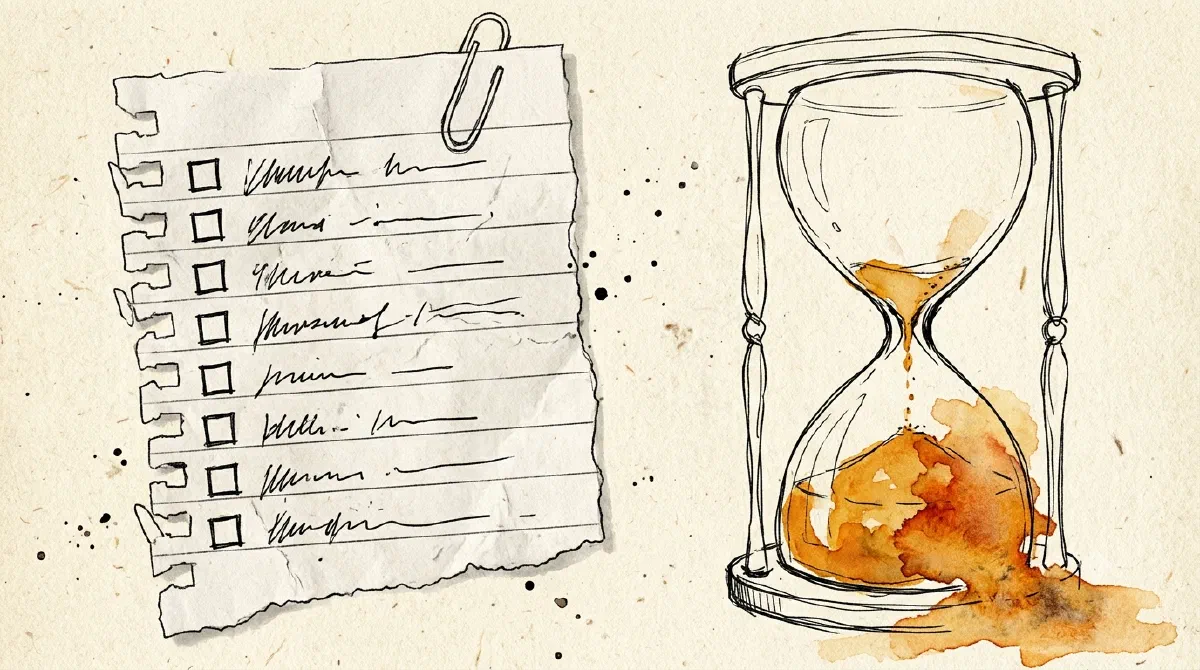 A to-do list with eight items next to a clock showing only four hours left in the day